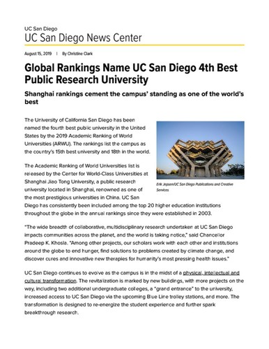Global Rankings Name UC San Diego 4th Best Public Research University ...