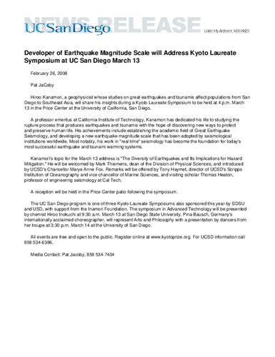 Developer of Earthquake Magnitude Scale will Address Kyoto Laureate Symposium at UC San Diego March 13