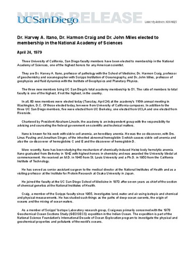Dr. Harvey A. Itano, Dr. Harmon Craig and Dr. John Miles elected to membership in the National Academy of Sciences