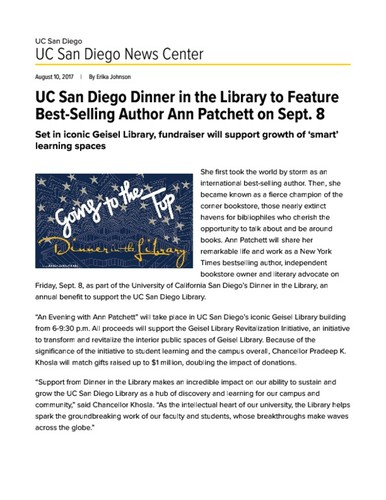 UC San Diego Dinner in the Library to Feature Best-Selling Author Ann Patchett on Sept. 8