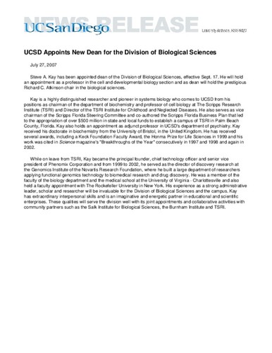 UCSD Appoints New Dean for the Division of Biological Sciences