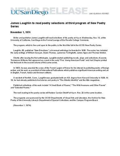 James Laughlin to read poetry selections at third program of New Poetry Series