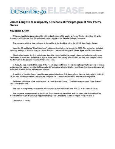 James Laughlin to read poetry selections at third program of New Poetry ...