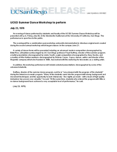 UCSD Summer Dance Workshop to perform