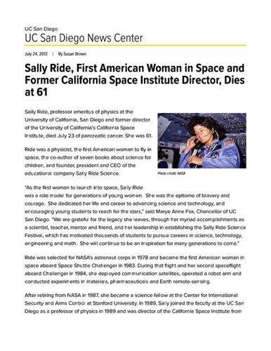 Sally Ride, First American Woman in Space and Former California Space Institute Director, Dies at 61