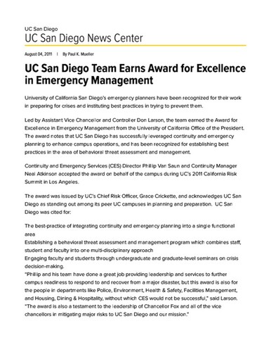 UC San Diego Team Earns Award for Excellence in Emergency Management