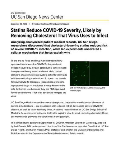 Statins Reduce COVID-19 Severity, Likely by Removing Cholesterol That Virus Uses to Infect