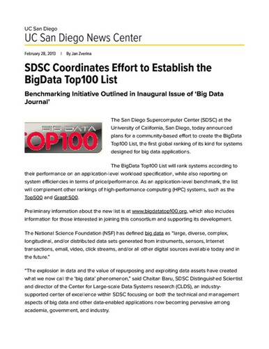 SDSC Coordinates Effort to Establish the BigData Top100 List