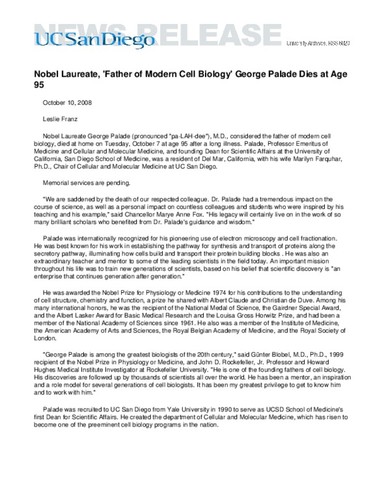 Nobel Laureate, 'Father of Modern Cell Biology' George Palade Dies at Age 95