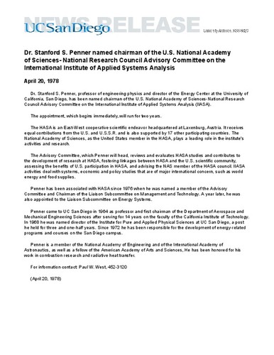 Dr. Stanford S. Penner named chairman of the U.S. National Academy of Sciences- National Research Council Advisory Committee on the International Institute of Applied Systems Analysis