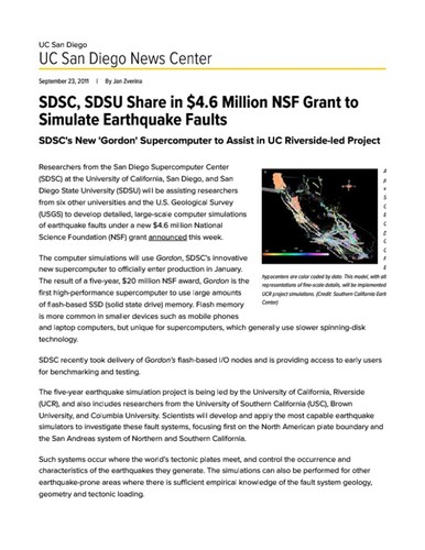 SDSC, SDSU Share in $4.6 Million NSF Grant to Simulate Earthquake Faults