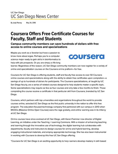 Coursera Offers Free Certificate Courses for Faculty, Staff and Students