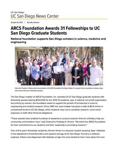 ARCS Foundation Awards 31 Fellowships to UC San Diego Graduate Students