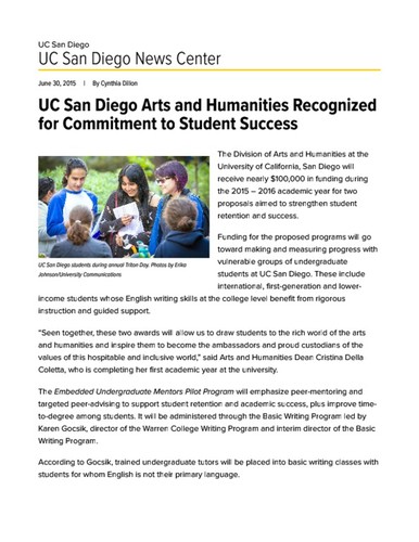 UC San Diego Arts and Humanities Recognized for Commitment to Student Success