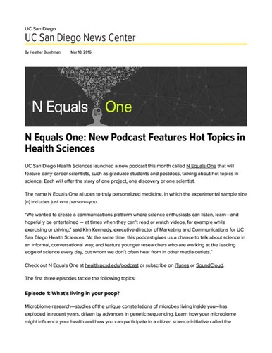 N Equals One: New Podcast Features Hot Topics in Health Sciences