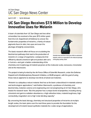UC San Diego Receives $7.5 Million to Develop Innovative Uses for Melanin