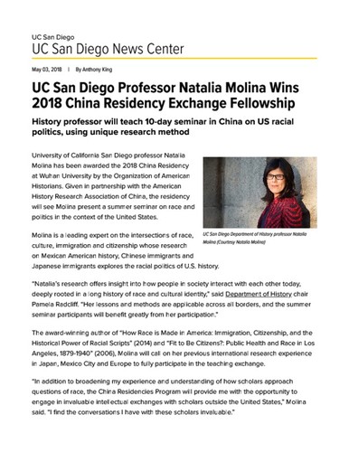 UC San Diego Professor Natalia Molina Wins 2018 China Residency Exchange Fellowship