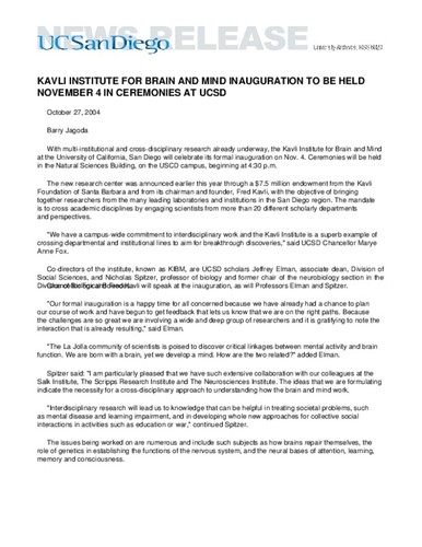 Kavli Institute for Brain and Mind Inauguration to be Held November 4 in Ceremonies at UCSD