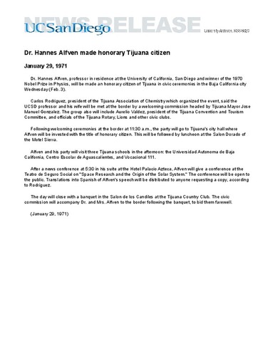 Dr. Hannes Alfven made honorary Tijuana citizen