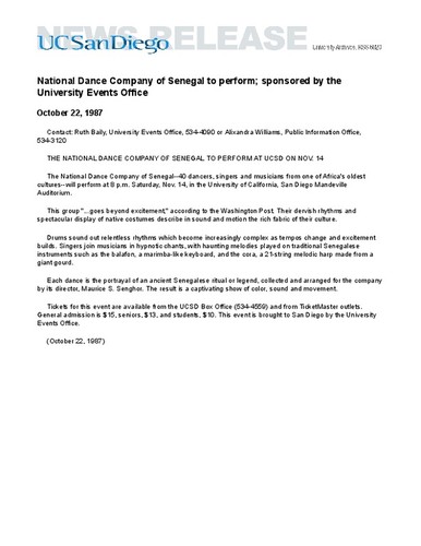 National Dance Company of Senegal to perform; sponsored by the University Events Office