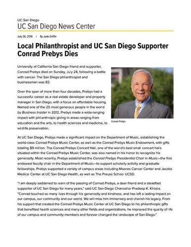 Local Philanthropist and UC San Diego Supporter Conrad Prebys Dies