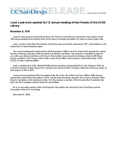 Louis Loeb main speaker for 12 annual meeting of the Friends of the UCSD Library