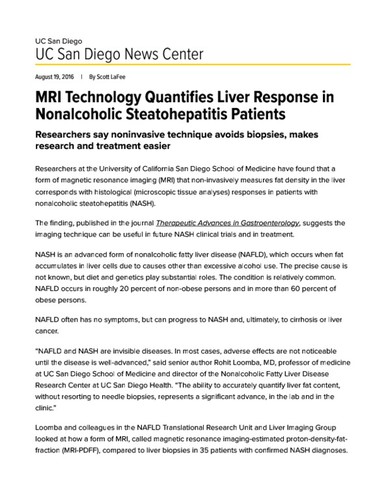 MRI Technology Quantifies Liver Response in Nonalcoholic Steatohepatitis Patients