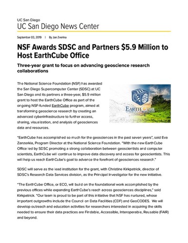 NSF Awards SDSC and Partners $5.9 Million to Host EarthCube Office