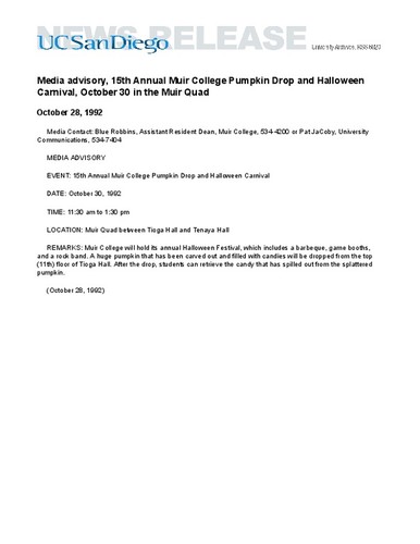 Media advisory, 15th Annual Muir College Pumpkin Drop and Halloween Carnival, October 30 in the Muir Quad