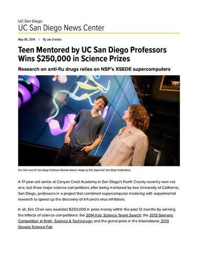 Teen Mentored by UC San Diego Professors Wins $250,000 in Science Prizes