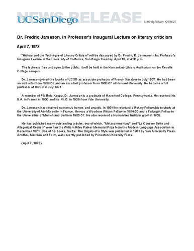 Dr. Fredric Jameson, in Professor's Inaugural Lecture on literary criticism