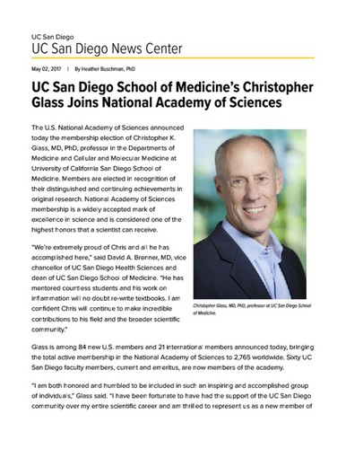 UC San Diego School of Medicine’s Christopher Glass Joins National Academy of Sciences