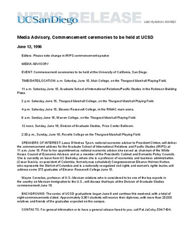Media Advisory, Commencement ceremonies to be held at UCSD