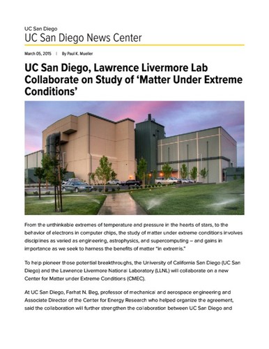 UC San Diego, Lawrence Livermore Lab Collaborate on Study of ‘Matter Under Extreme Conditions’