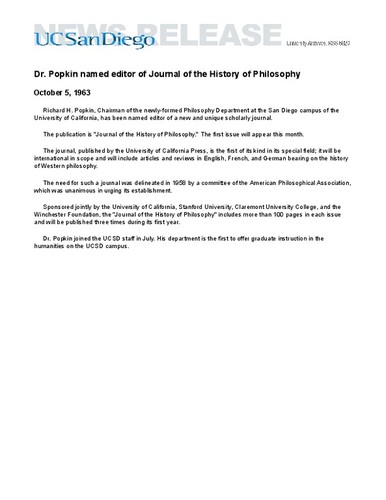 Dr. Popkin named editor of Journal of the History of Philosophy