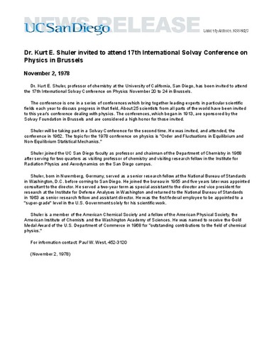 Dr. Kurt E. Shuler invited to attend 17th International Solvay Conference on Physics in Brussels