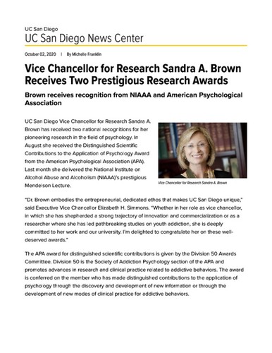 Vice Chancellor for Research Sandra A. Brown Receives Two Prestigious Research Awards