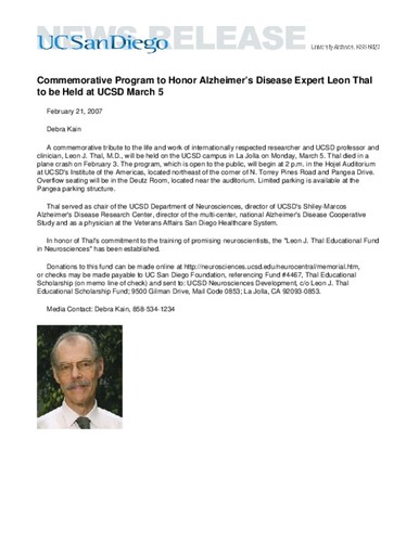 Commemorative Program to Honor Alzheimer’s Disease Expert Leon Thal to be Held at UCSD March 5