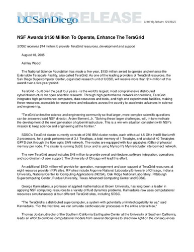 NSF Awards $150 Million To Operate, Enhance The TeraGrid--SDSC receives $14 million to provide TeraGrid resources, development and support