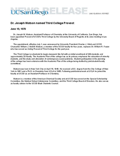 Dr. Joseph Watson named Third College Provost