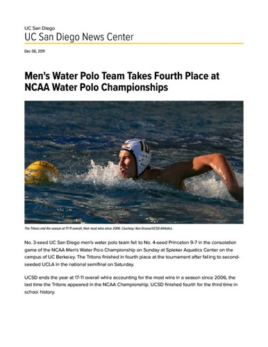 Men's Water Polo Team Takes Fourth Place at NCAA Water Polo Championships