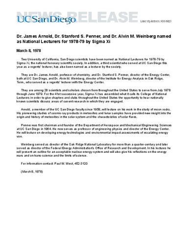 Dr. James Arnold, Dr. Stanford S. Penner, and Dr. Alvin M. Weinberg named as National Lecturers for 1978-79 by Sigma Xi