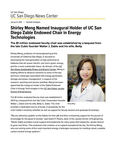 Shirley Meng Named Inaugural Holder of UC San Diego Zable Endowed Chair in Energy Technologies