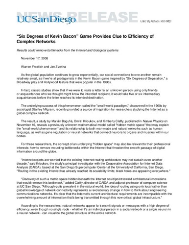 “Six Degrees of Kevin Bacon” Game Provides Clue to Efficiency of Complex Networks--Results could remove bottlenecks from the Internet and biological systems