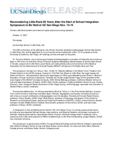 Reconsidering Little Rock: 50 Years After the Start of School Integration Symposium to Be Held at UC San Diego Nov. 13-15--Former Little Rock student and noted civil rights activist are among speakers