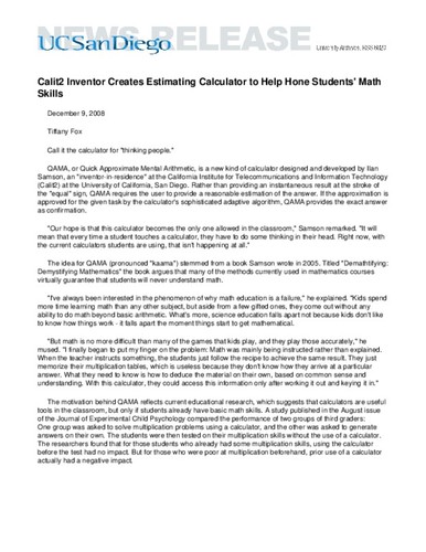 Calit2 Inventor Creates Estimating Calculator to Help Hone Students' Math Skills