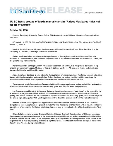 UCSD hosts groups of Mexican musicians in "Raices Musicales - Musical Roots of Mexico"