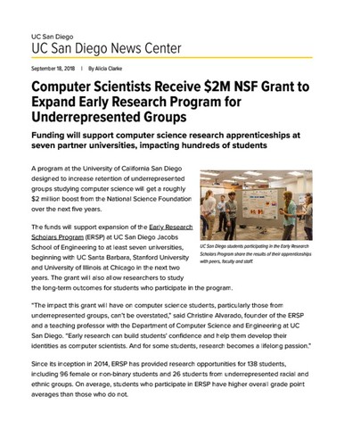 Computer Scientists Receive $2M NSF Grant to Expand Early Research Program for Underrepresented Groups