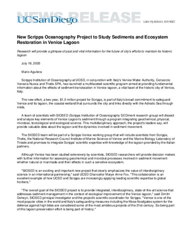New Scripps Oceanography Project to Study Sediments and Ecosystem Restoration in Venice Lagoon--Research will provide a glimpse of past and vital information for the future of city’s efforts to maintain its historic lagoon