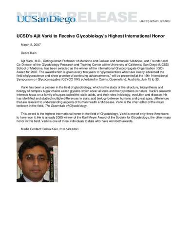 UCSD’s Ajit Varki to Receive Glycobiology’s Highest International Honor